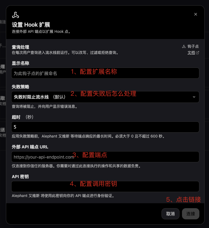 设置 Hook 扩展弹框配置扩展名称失败策略端点和 API 密钥