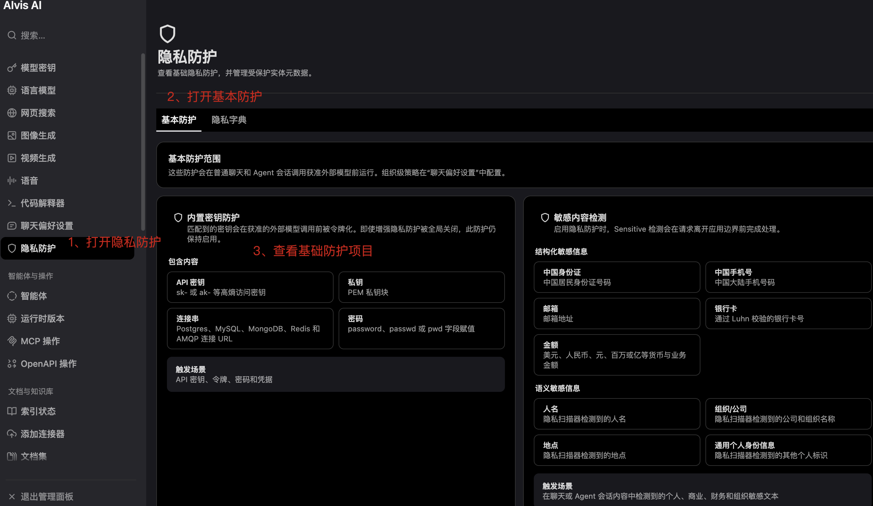 隐私防护页面查看基本防护项目和敏感内容检测