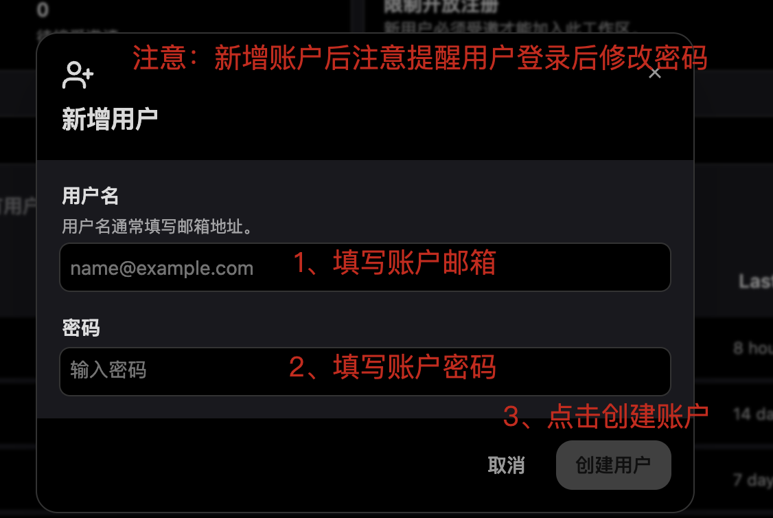 新增用户弹窗填写邮箱和密码创建账号并提醒用户修改密码