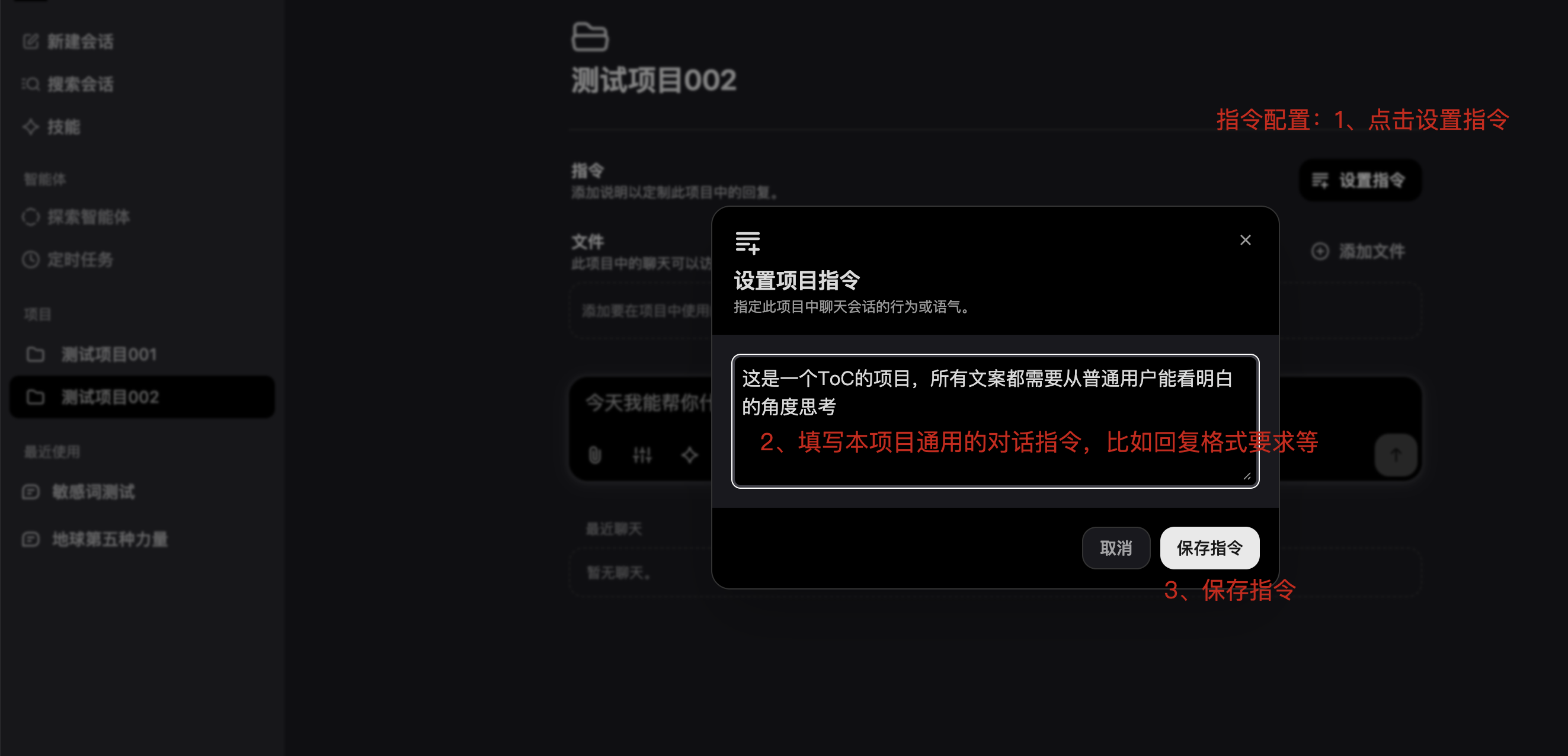 项目详情中打开设置项目指令并填写通用对话指令